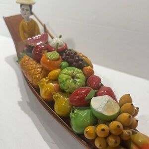 Vintage Thailand wooden floating market boat replica, vegetable lady, 10.5”